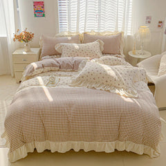 3pcs  Korean lace Duvet Cover Set (1*Duvet Cover + 2*Pillowcase, Without Core), Pink checkered print Bedding Set