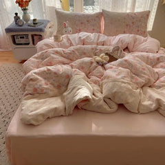 2025 new small floral cloud wrinkle double yarn bed four-piece set princess lace quilt cover three-piece bed sheet set