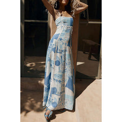 Linen Printed Backless Bow Tie Dress