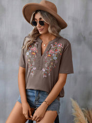Embroidered patchwork lace trimmed shirt