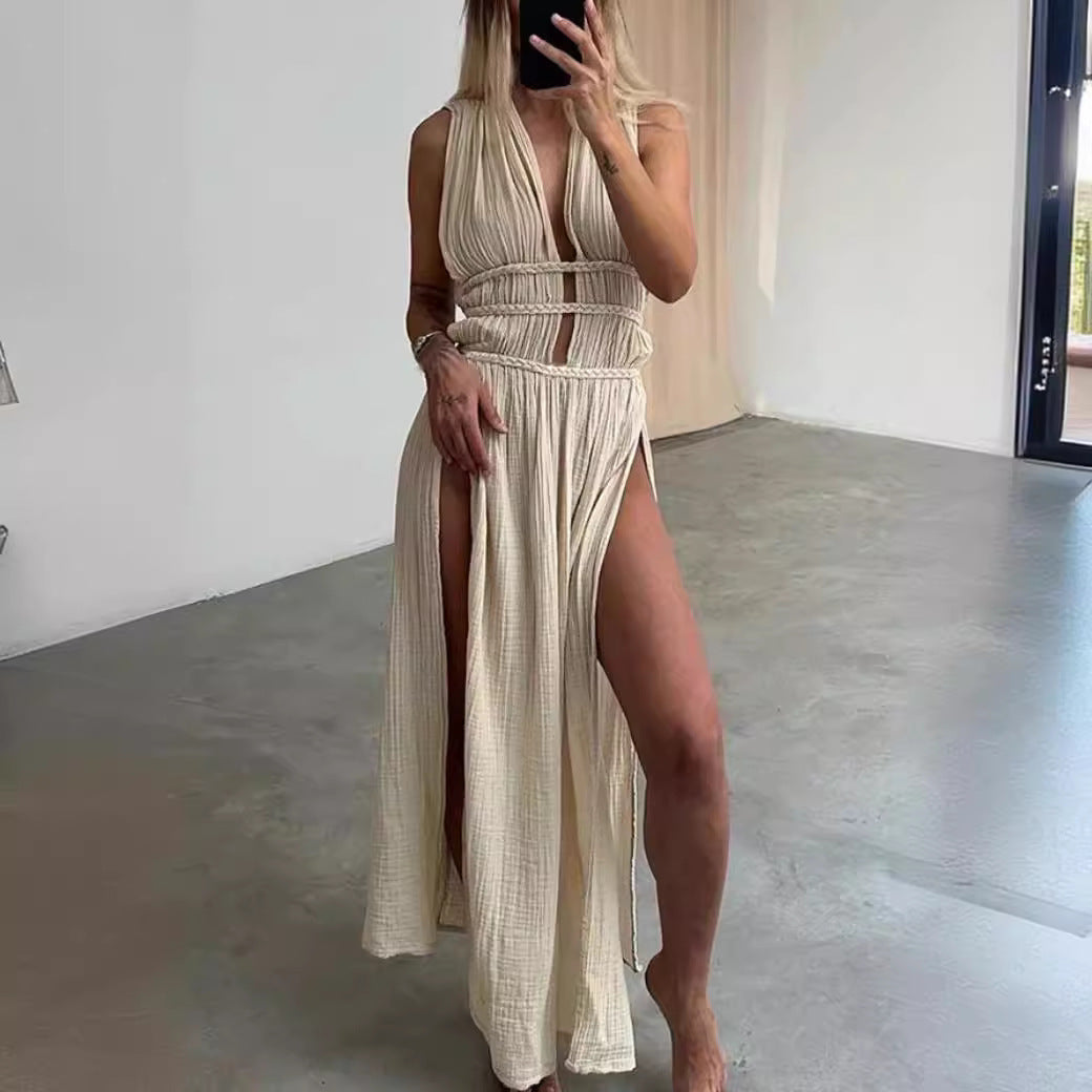 Linen Sleeveless Braided Belted Cutout Slit Dress