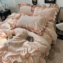 2025 summer ice silk Korean large lace washed silk four-piece set lace mattress cool bed sheet summer bedding