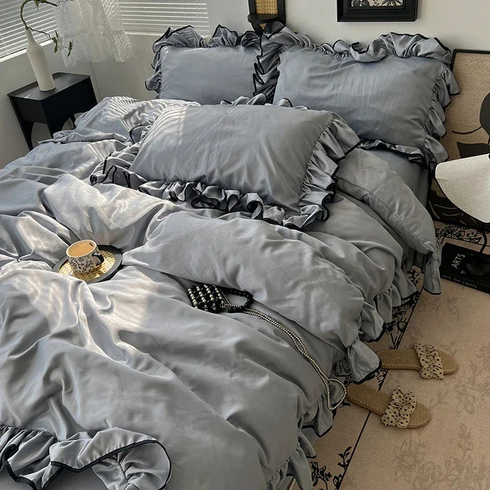 2025 summer ice silk Korean large lace washed silk four-piece set lace mattress cool bed sheet summer bedding