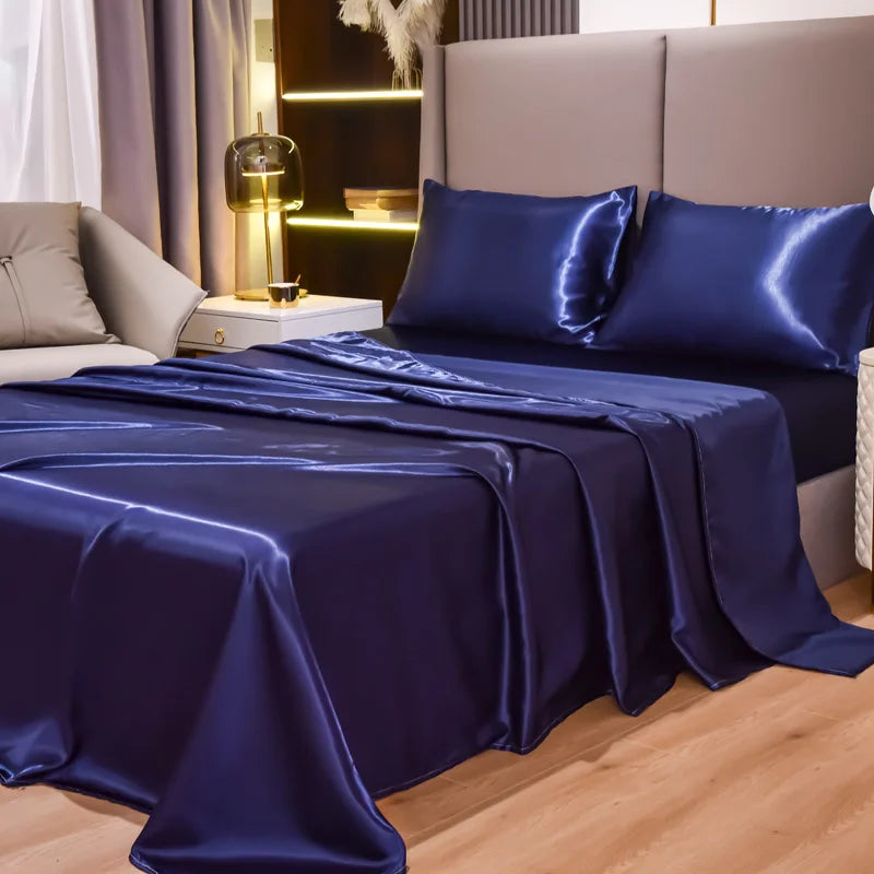 Satin Bed Sheets, Queen Size Sheets Set, 4 Pcs Silky Bedding Set   1 Deep Pocket Fitted Sheet + 1 Flat Sheet + 2 Pillowcases