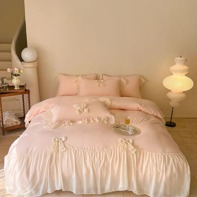 French Princess Style Bedding Sets Ruffle Lace Bow Quilt Cover Romantic Wedding Bedclothes Decor Woman Girls Bedroom Duvet Cover