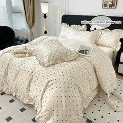 3pcs  Korean lace Duvet Cover Set (1*Duvet Cover + 2*Pillowcase, Without Core), Black dot print print Bedding Set
