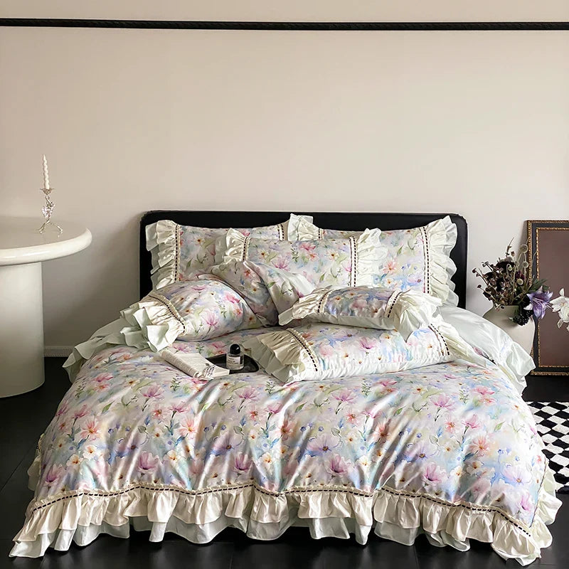 1000TC Egyptian Cotton Brown French Vintage Flowers Printing Bedding Set Duvet Cover Set Flat/Fitted Bed Sheet Pillowcases 4Pcs