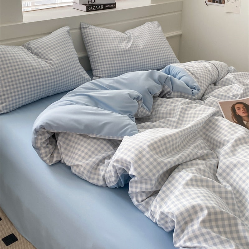 100% Cotton Plaid Geometric Bedding Set  Knit Bed Linens Sheet Pillowcase Home Textile Soft Bed Linen