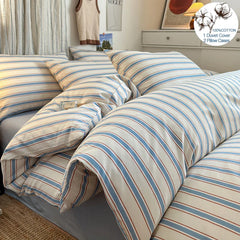 100% Cotton Stripe Style Duvet Cover Set 3-Piece (1 Duvet Cover + 2 Pillowcases),Minimalist Bedding Set for All Seasons