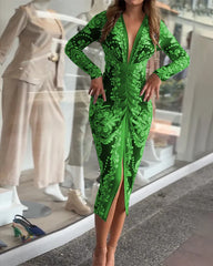 LONG-SLEEVED PLEATED V-NECK PRINTED DRESS