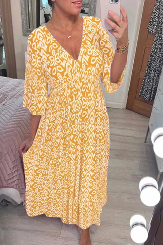 🔥🔥Casual Print V-Neck Waist Wrap Long Dress