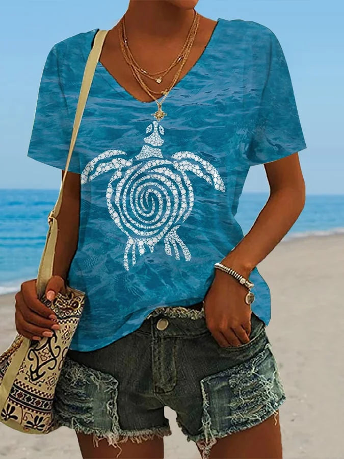 🔥Beach & Vacay🔥Women's Hawaiian Turtle Print Casual V-Neck T-Shirt