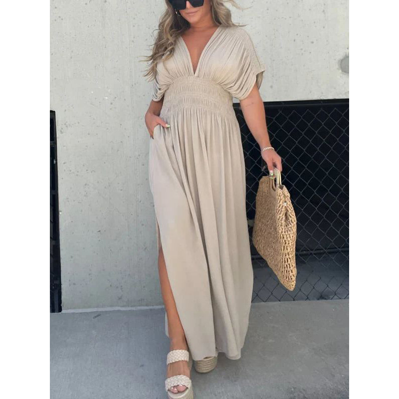 V-neck bat sleeves slit maxi dress