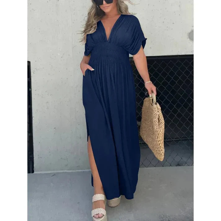 V-neck bat sleeves slit maxi dress