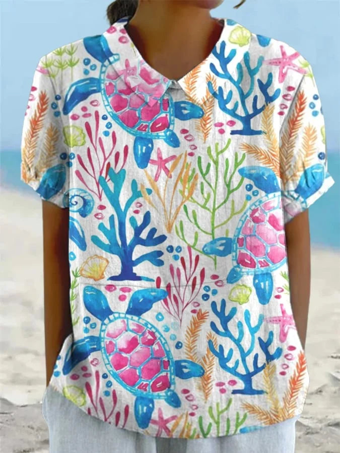 🔥Beach & Vacay🔥Women'S Turtle Print Cotton And Linen Casual Shirt