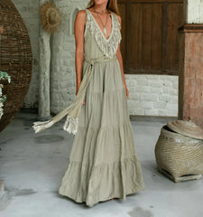 Cotton Maxi Tiered Dress with Fringes