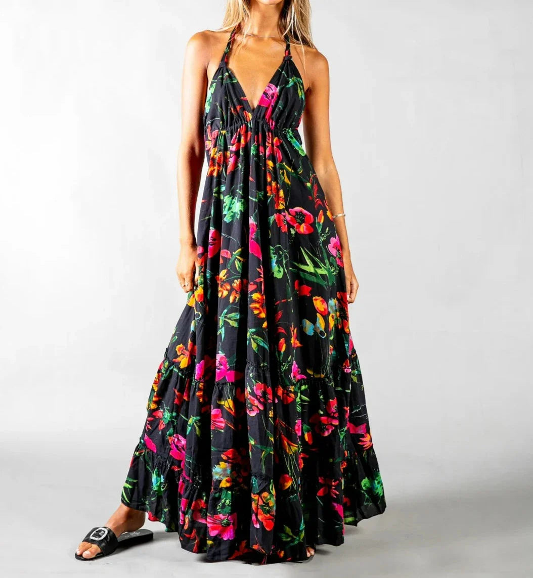 Deep Backless Women's Floral Bohemian Long Dress