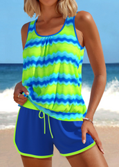 Patchwork Wave Pattern Print Hot Pink Tankini Set