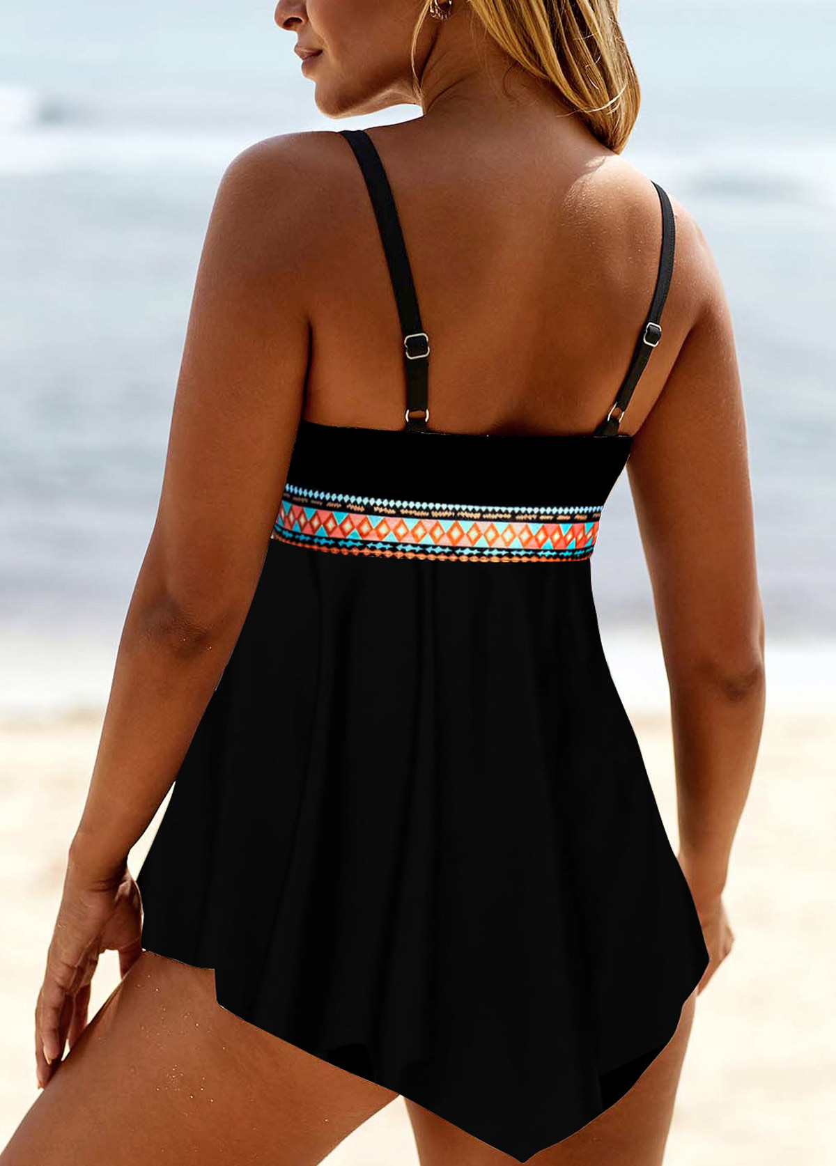 Lace Up Tribal Print Black Swimdress Top-No Bottom