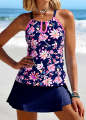 Contrast Binding Random Floral Print Navy Tankini Set