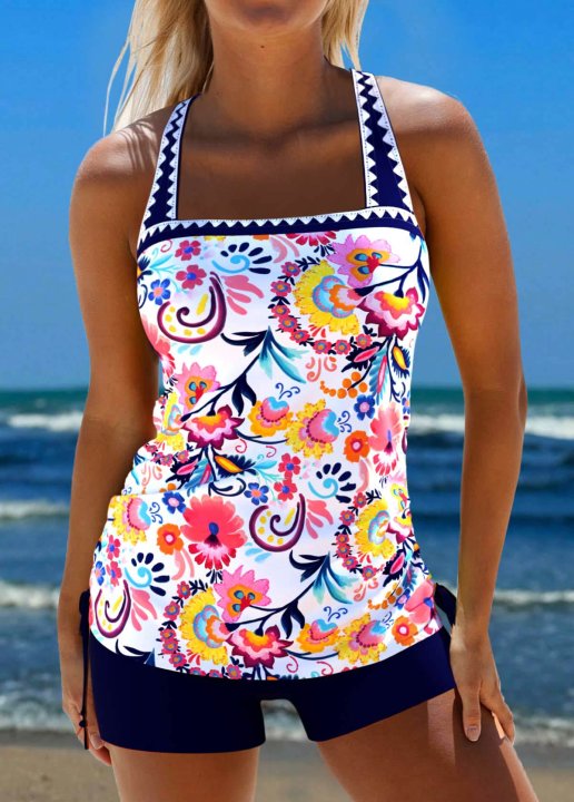 Patchwork White Random Floral Print Tankini Set