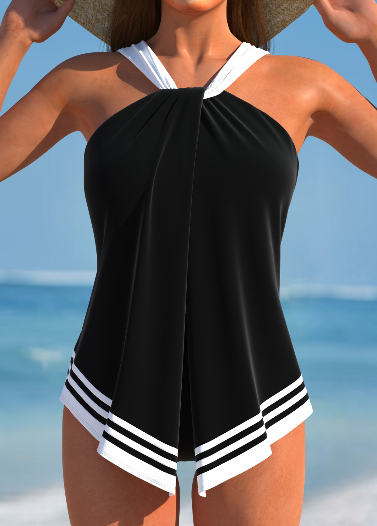 Split Twisted Black Striped Tankini Set