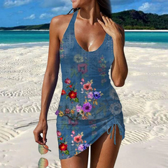 Blue Floral Print Sleeveless Swimwear