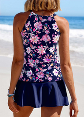 Contrast Binding Random Floral Print Navy Tankini Set