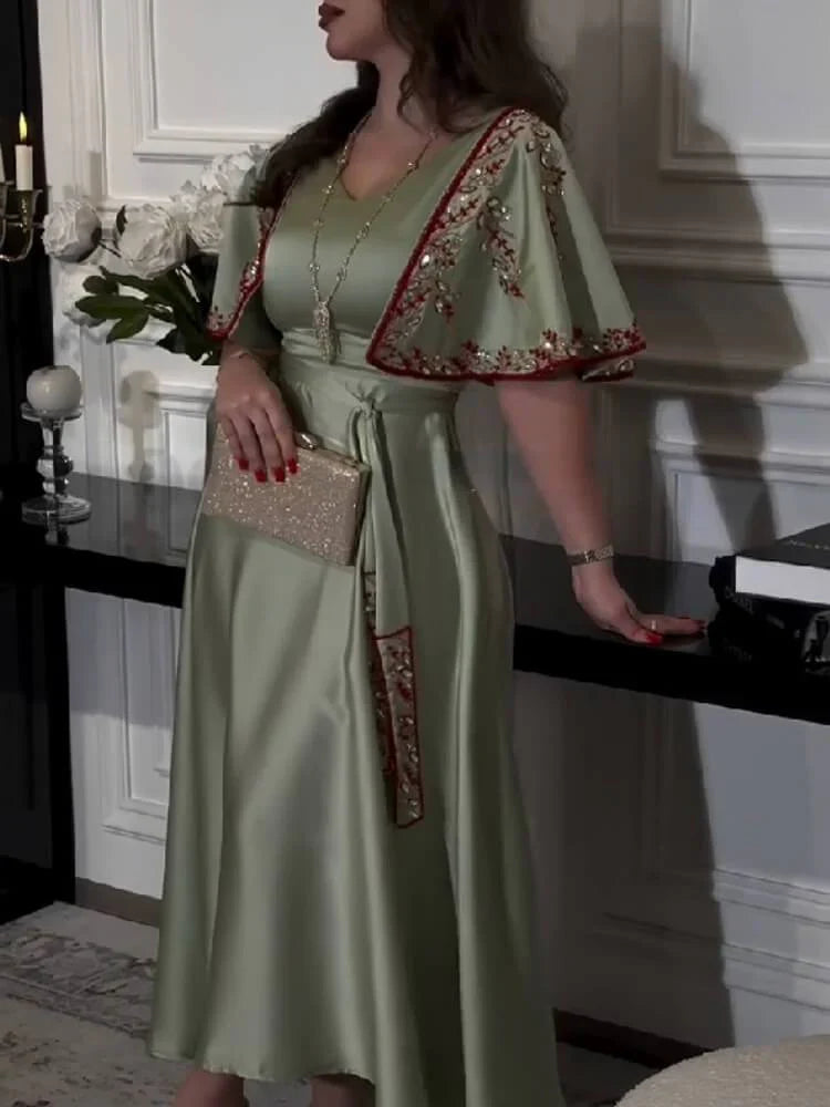 Diamond Shawl Sleeves Jalabiya Dress with Belt