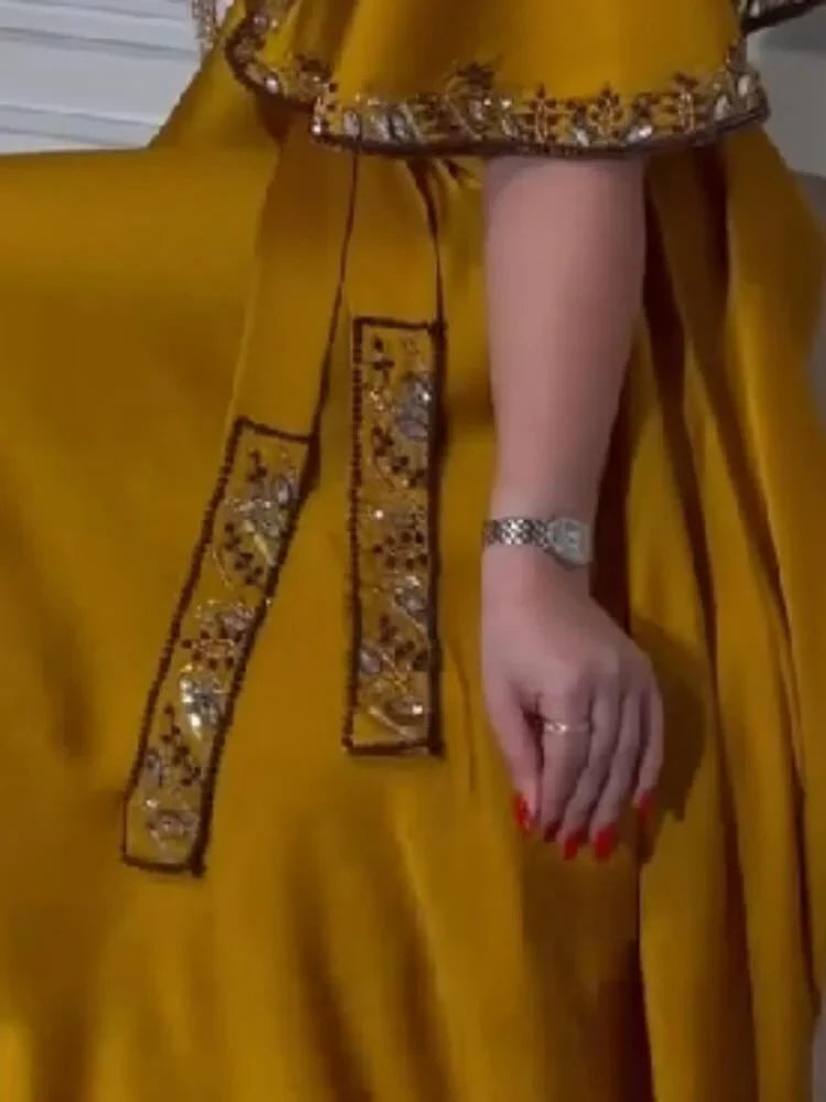Diamond Shawl Sleeves Jalabiya Dress with Belt