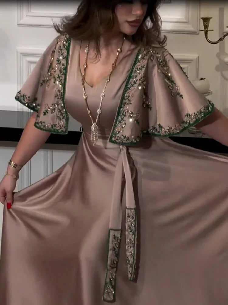 Diamond Shawl Sleeves Jalabiya Dress with Belt