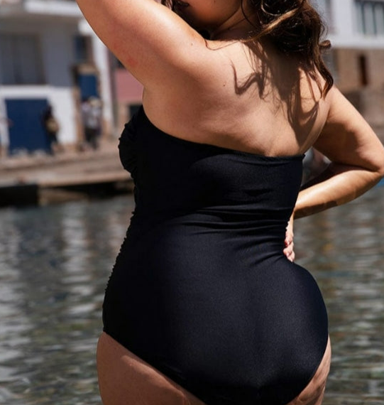 Pure Black Twisted Front Bandeau One-Piece Swimsuit