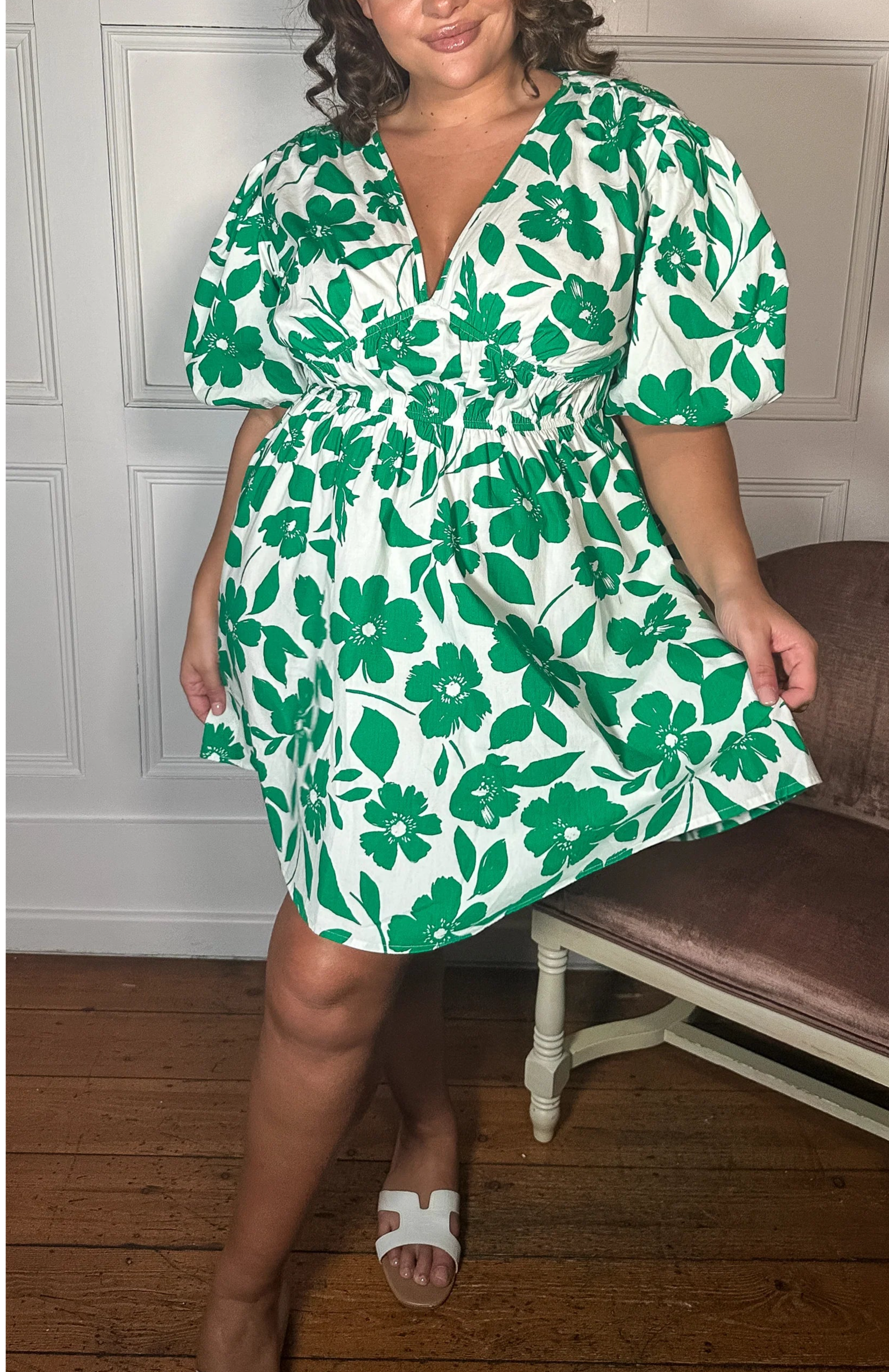 CurveWow Puff Sleeve V Neck Dress Green Floral