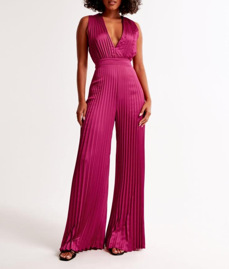 V-neck Tie Backless Pleated Jumpsuit