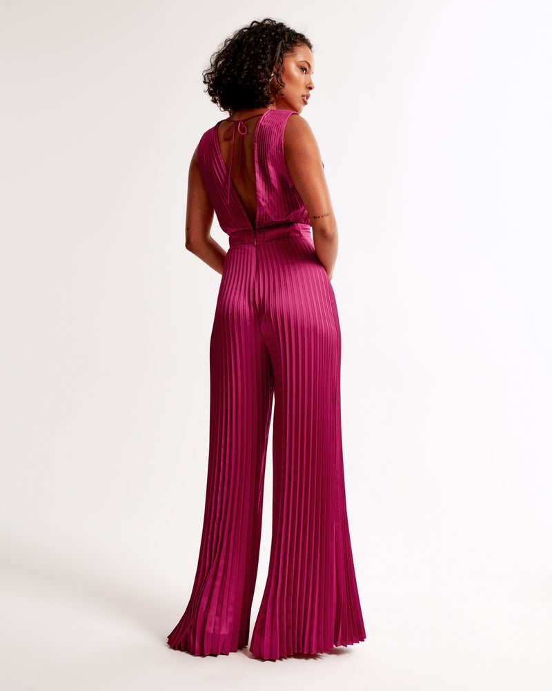 V-neck Tie Backless Pleated Jumpsuit