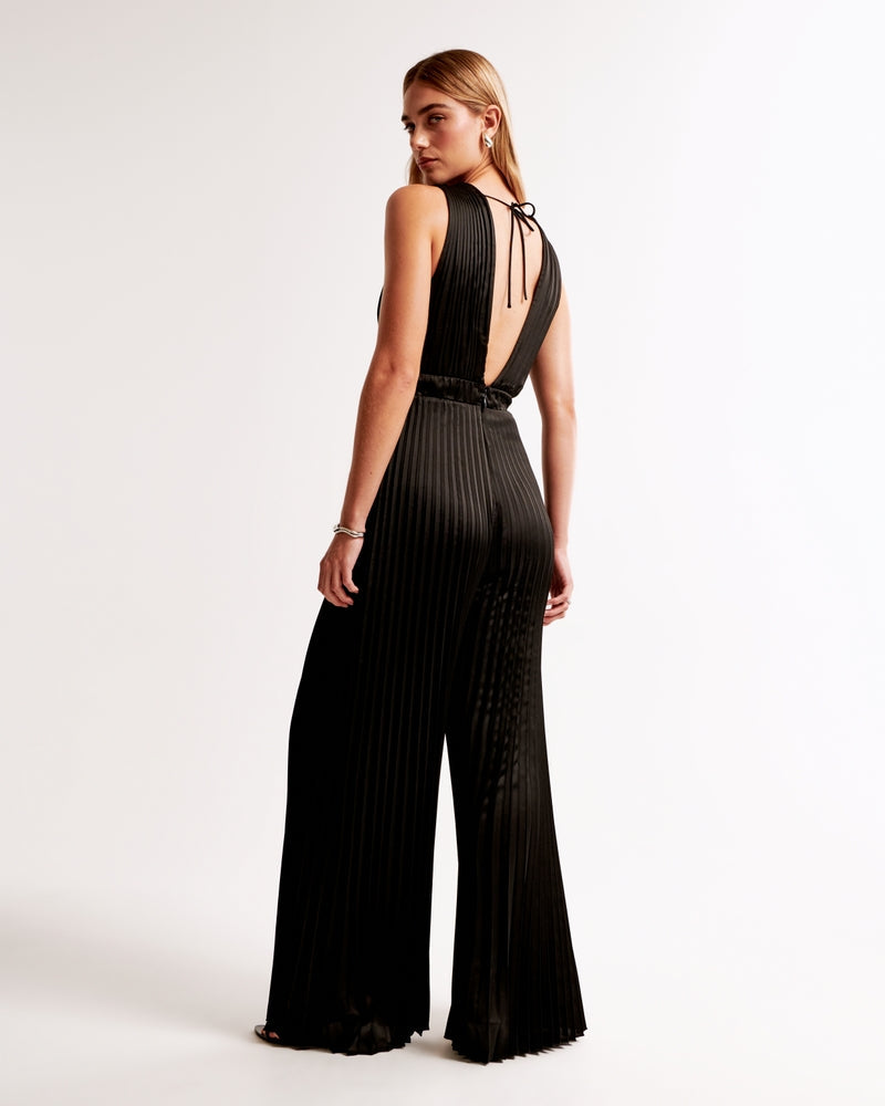 V-neck Tie Backless Pleated Jumpsuit