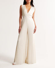 V-neck Tie Backless Pleated Jumpsuit