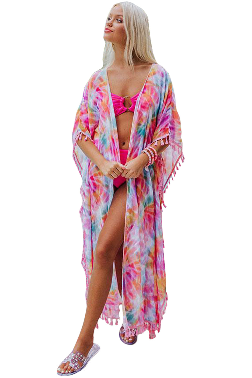 Multicolor Tie-dye Tassel Trim Kimono