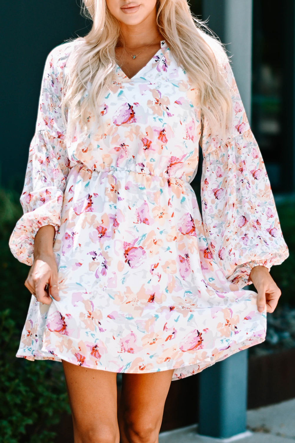 Pink V Neck Bubble Sleeves Floral Dress