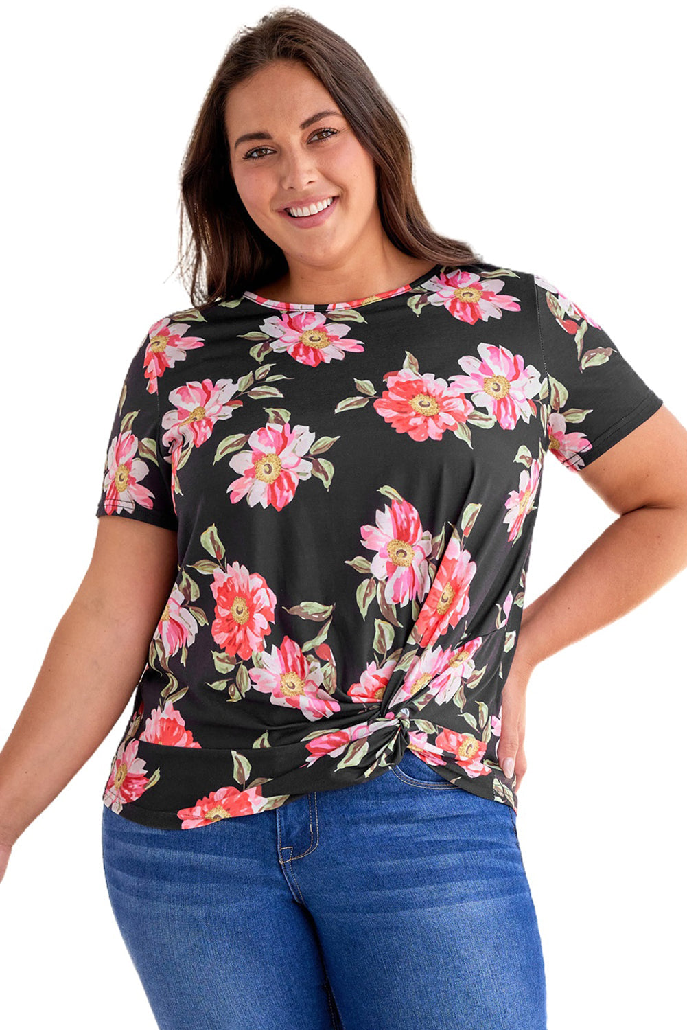 Black Plus Size Floral Print Twist Knot Top