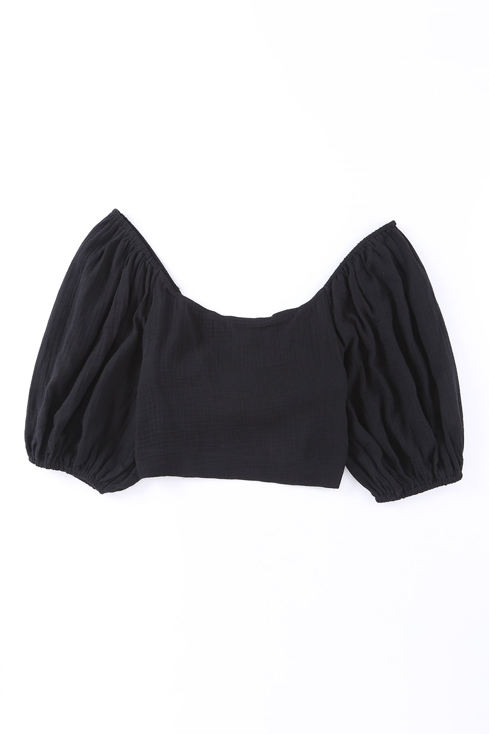 Black Square Neck Puff Sleeves Backless Crop Top with Tie