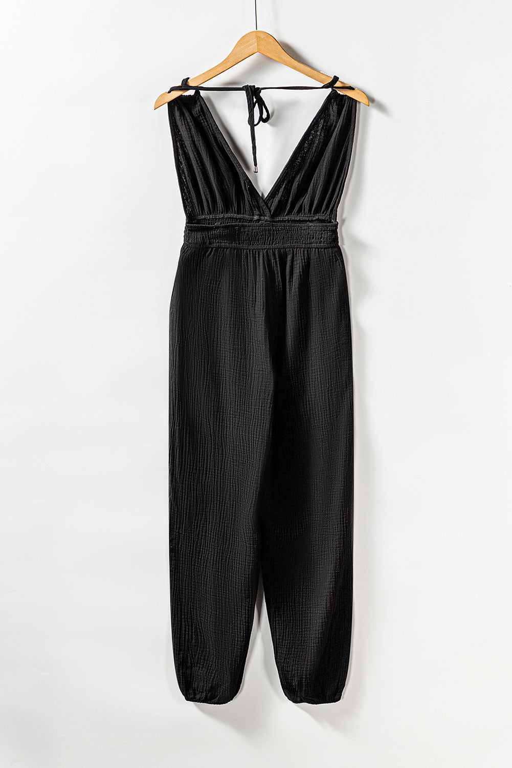 Black V Neck Knotted Shoulder Backless Pocket Jumpsuit