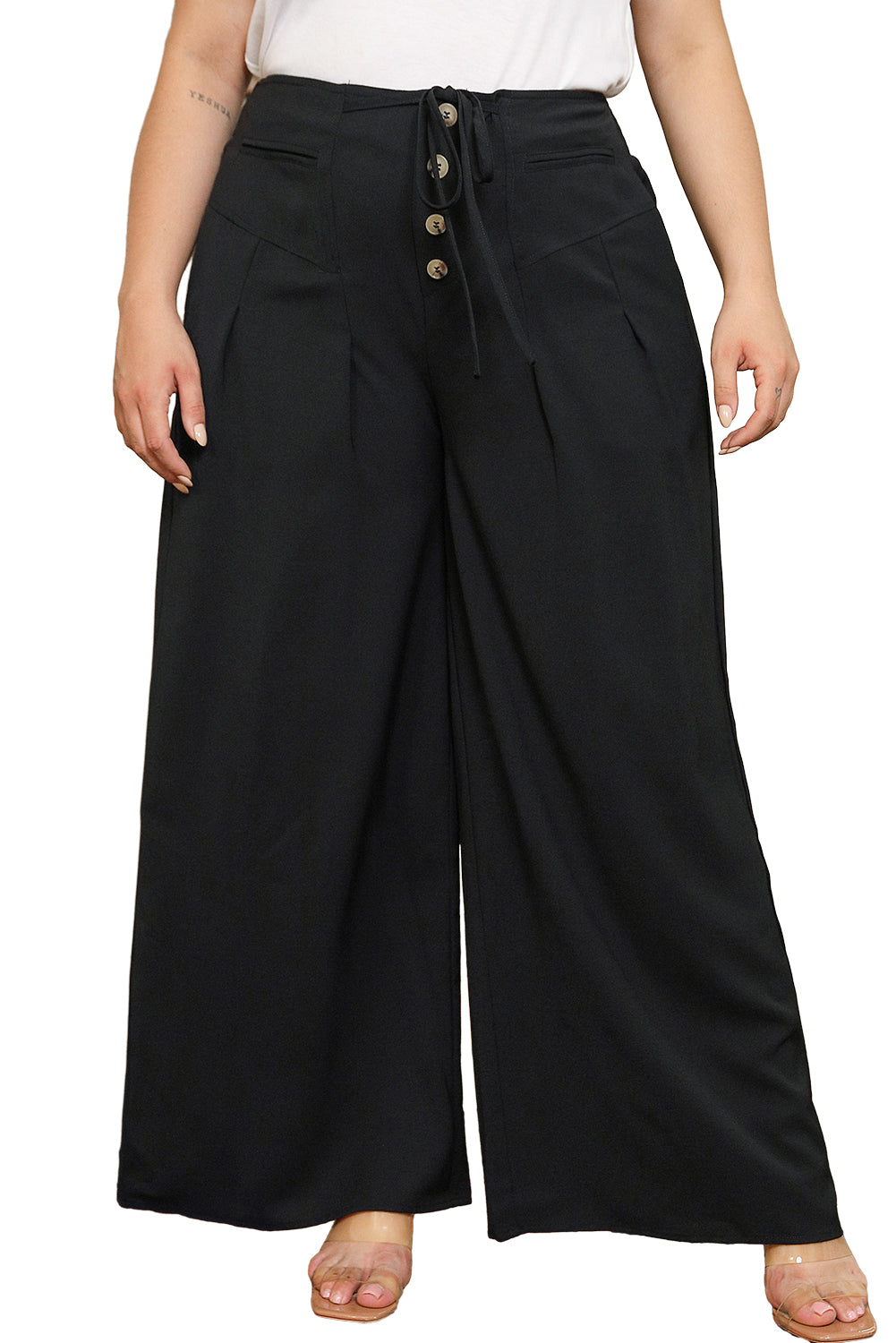 Black Buttoned Lace-up Waist Wide Leg Plus Size Pants