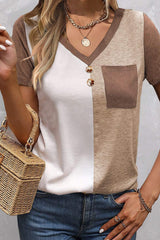 Khaki Color Block Patchwork Button V Neck T-shirt