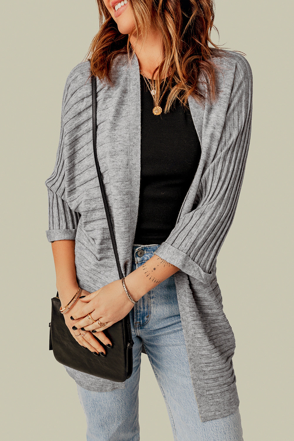 Red Ribbed Open Front Knit Cardigan