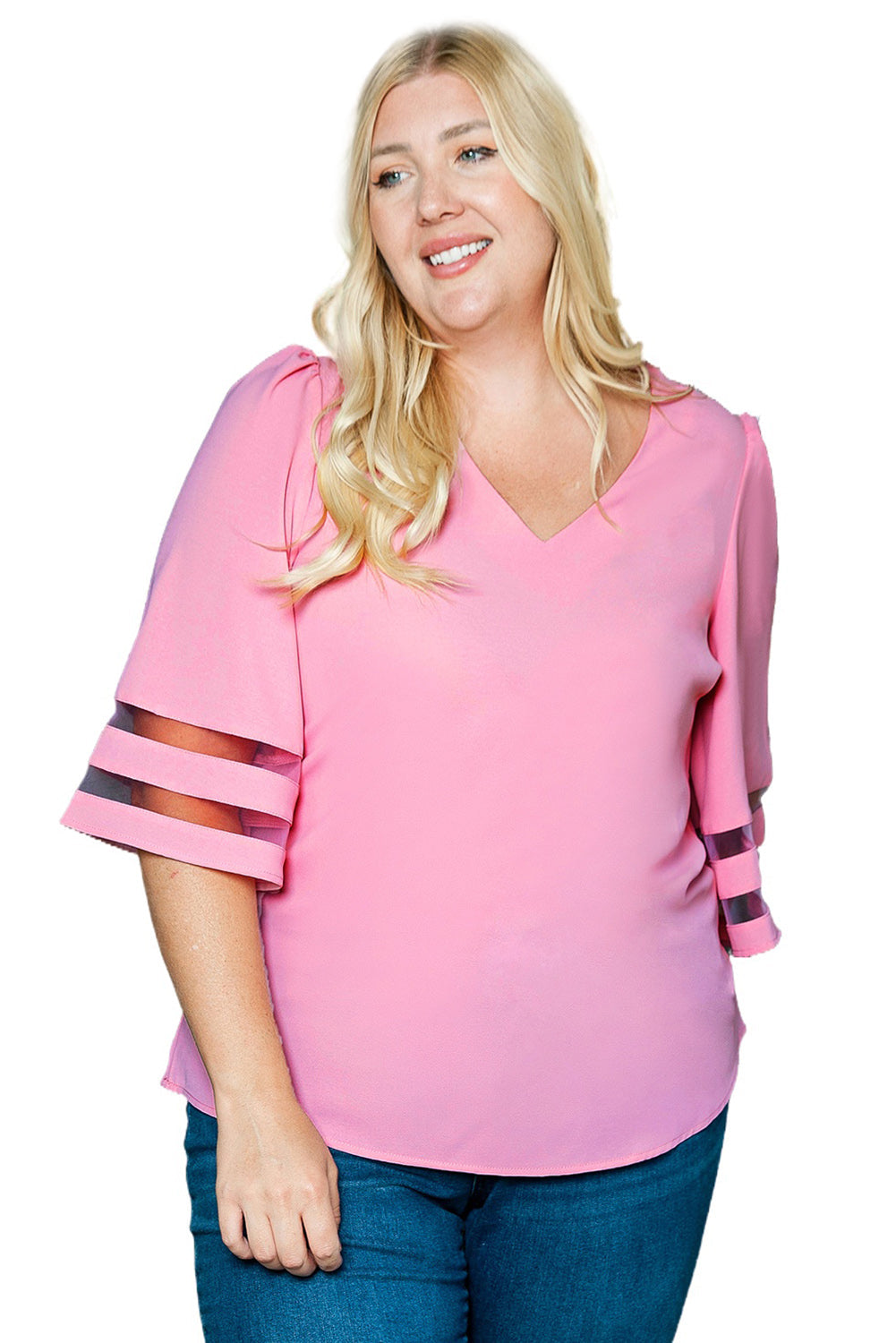 Pink Plus Size Mesh Striped Bell Sleeve Blouse