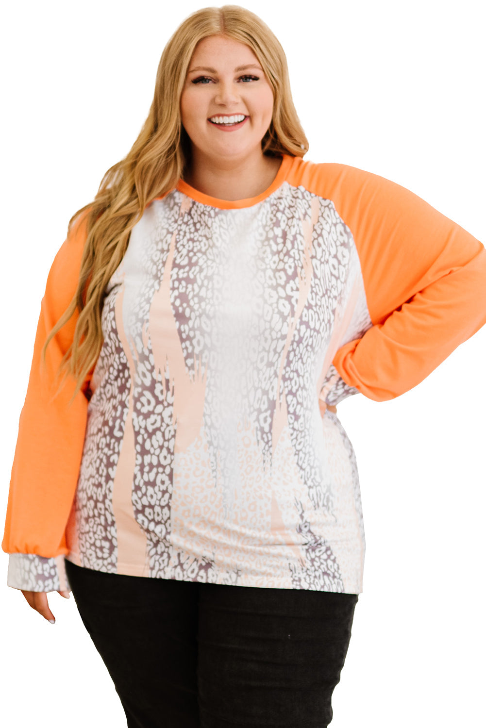 Orange Snakeskin Print Raglan Long Sleeve Plus Size Top