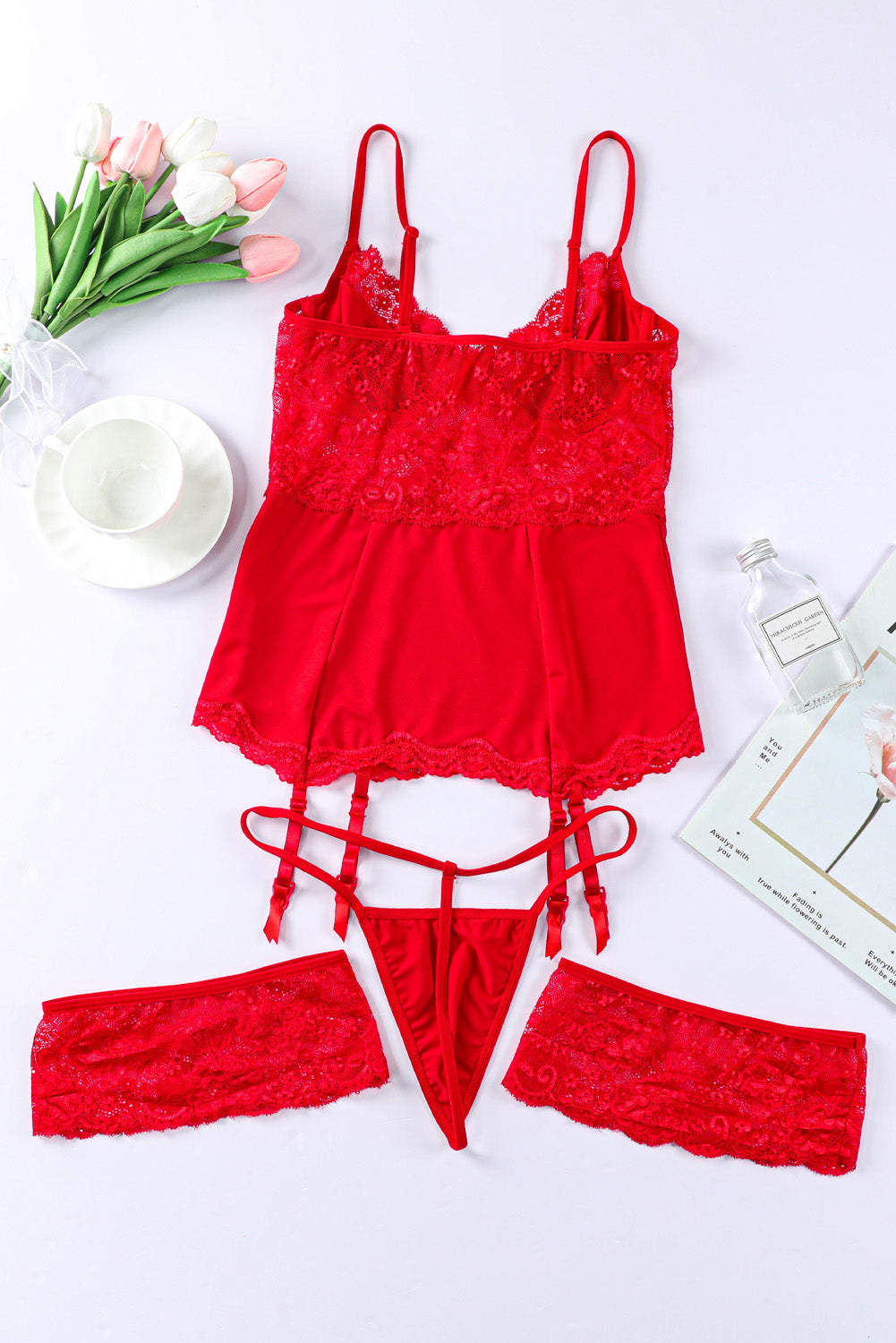 Red Lace Mesh Patchwork Bustier 3pcs Lingerie Set