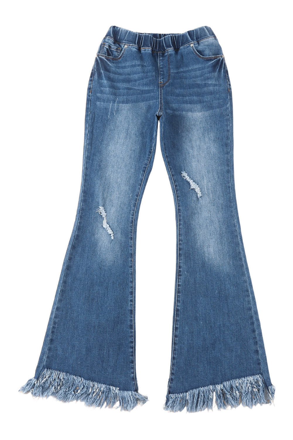 Blue Frayed Tassel Hem Elastic Waist Flared Jeans