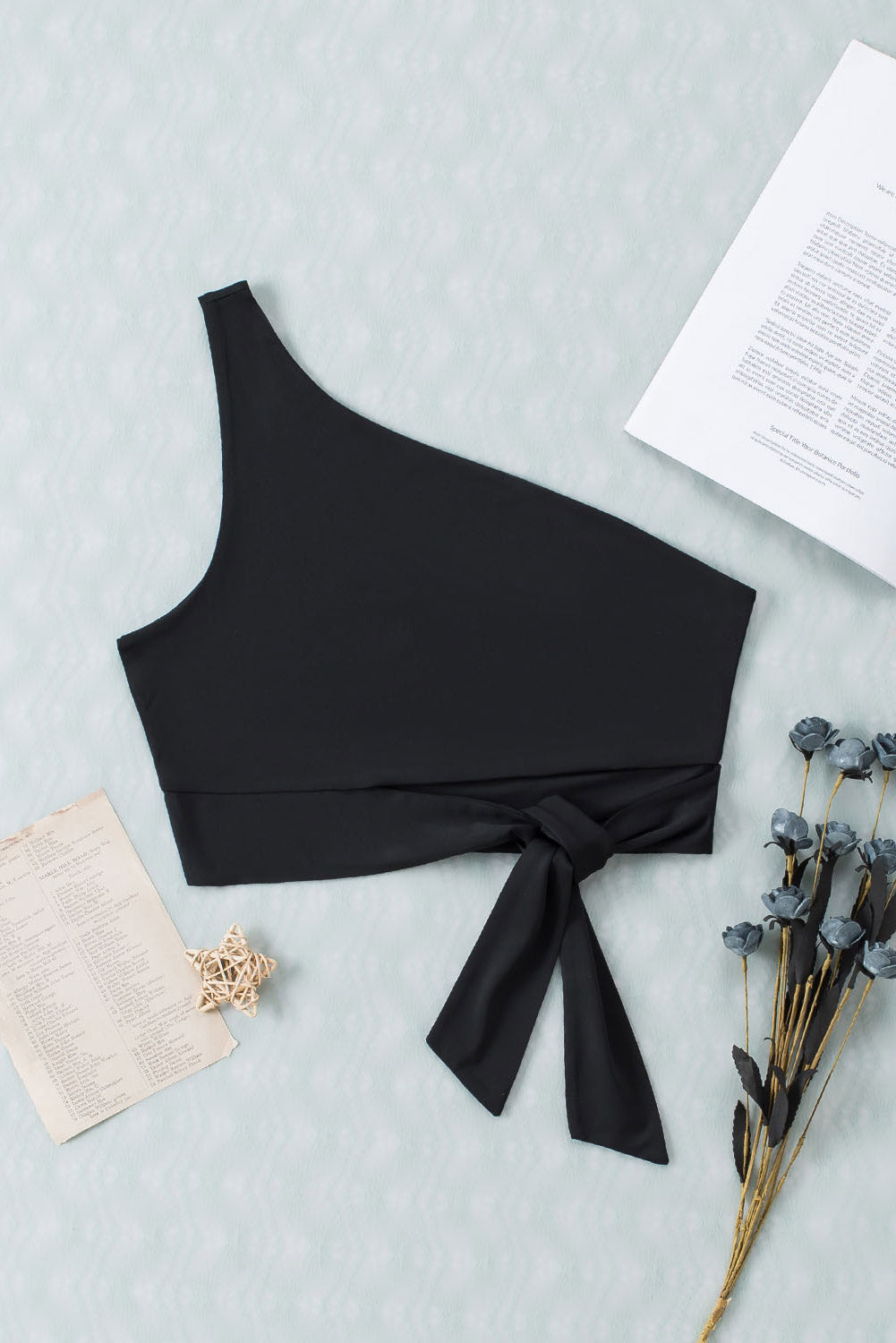 Black One Shoulder Side Tie Sleeveless Crop Top